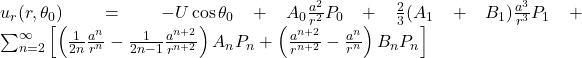 u_r (r,\theta_0)= - U \cos\theta_0 + A_0 \frac{a^2}{r^2} P_0 + \frac{2}{3}(A_1+B_1)\frac{a^3}{r^3} P_1 + \sum_{n=2}^{\infty} \left[ \left( \frac{1}{2n} \frac{a^n}{r^n} - \frac{1}{2n - 1}\frac{a^{n+2}}{r^{n+2}} \right) A_n P_n + \left( \frac{a^{n+2}}{r^{n+2}} - \frac{a^n}{r^n} \right) B_n P_n \right]