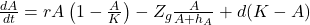 \frac{dA}{dt} = rA\left(1 - \frac{A}{K}\right) - Z_g \frac{A}{A + h_A} + d(K - A)