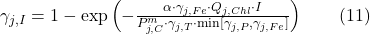 \gamma_{j,I} = 1 - \exp\left(-\frac{\alpha \cdot \gamma_{j,Fe} \cdot Q_{j,Chl} \cdot I}{P_{j,C}^m \cdot \gamma_{j,T} \cdot \min[\gamma_{j,P}, \gamma_{j,Fe}]}\right) \qquad{(11)}