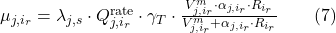 \mu_{j,i_r} = \lambda_{j,s} \cdot Q_{j,i_r}^{\text{rate}} \cdot \gamma_T \cdot \frac{V_{j,i_r}^m \cdot \alpha_{j,i_r} \cdot R_{i_r}}{V_{j,i_r}^m + \alpha_{j,i_r} \cdot R_{i_r}} \qquad{(7)}