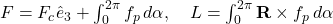 F = F_c \hat{e}_3 + \int_0^{2\pi} f_p \, d\alpha, \quad L = \int_0^{2\pi} \mathbf{R} \times f_p \, d\alpha