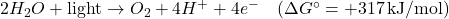 2H_2O + \text{light} \rightarrow O_2 + 4H^+ + 4e^- \quad (\Delta G^\circ = +317 \, \text{kJ/mol})