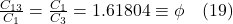 \frac{C_{13}}{C_1} = \frac{C_1}{C_3} = 1.61804 \equiv \phi \quad (19)