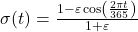 \sigma(t) = \frac{1-\varepsilon \cos\left(\frac{2\pi t}{365}\right)}{1+\varepsilon}